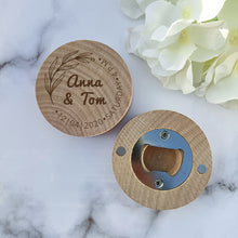 Load image into Gallery viewer, Custom Engraved Round Wooden Beer Bottle Opener with Magnet for Party Favor