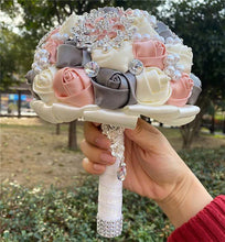 Load image into Gallery viewer, Elegant Custom Ribbon Silk Bouquets with Faux Pearls and Beaded Crystal Brooches