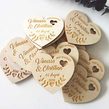 Load image into Gallery viewer, Laser Personalized Wedding Heart Favor-Keepsake-Save the Date Magnets-Custom Wood Rustic Guest Gift