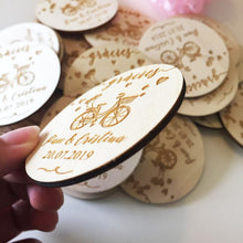 Load image into Gallery viewer, Romantic Personalized Wood Bycicle Theme Wedding Magnet Party Favors-Save the Date-Boho-Rustic Details