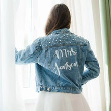 Load image into Gallery viewer, Custom Denim and Pearls Jacket for the Bride - Fashion Bridal Accessory