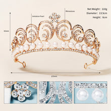 Load image into Gallery viewer, Baroque Swirls Queen Tiara-Crown Adorned with Rhinestones and Simulated Pearl- For Bride or Mis Quince