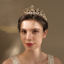 Load image into Gallery viewer, Baroque Swirls Queen Tiara-Crown Adorned with Rhinestones and Simulated Pearl- For Bride or Mis Quince