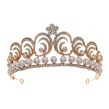 Load image into Gallery viewer, Baroque Swirls Queen Tiara-Crown Adorned with Rhinestones and Simulated Pearl- For Bride or Mis Quince
