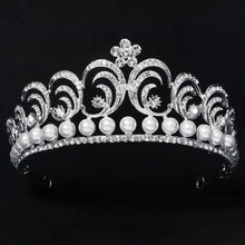 Load image into Gallery viewer, Baroque Swirls Queen Tiara-Crown Adorned with Rhinestones and Simulated Pearl- For Bride or Mis Quince
