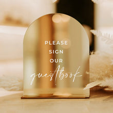Load image into Gallery viewer, Set of Three Signs in Gold Acrylic Mirror - Sign Guest Book - In Loving Memory Sign and Gift Cards - Wedding Reception Table Decor- Quinceanera decoration