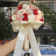 Load image into Gallery viewer, Flowers Galore Bouquet Golden Rhinestone-Silk Handmade Flowers for Bride - Bridesmaids - Quinceanera