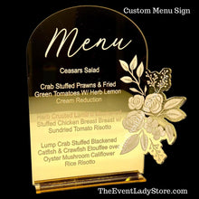 Load image into Gallery viewer, Fancy Custom Acrylic Mirror Menu Sign with Floral Design for Weddings or Mis Quince Receptions