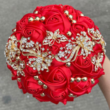 Load image into Gallery viewer, Small Size Glamour and Sparkle Bridesmaids Wedding Bouquets -Exquisite Rhinestones-Silk Ribbon Roses and Jewelry Accents