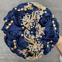 Load image into Gallery viewer, Small Size Glamour and Sparkle Bridesmaids Wedding Bouquets -Exquisite Rhinestones-Silk Ribbon Roses and Jewelry Accents