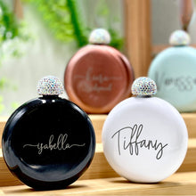 Load image into Gallery viewer, Personalized Round Fancy Ladies Flasks Stainless Steel with Rhinestone Lid for Bridal Party-Wedding Gifts