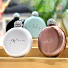 Load image into Gallery viewer, Personalized Round Fancy Ladies Flasks Stainless Steel with Rhinestone Lid for Bridal Party-Wedding Gifts