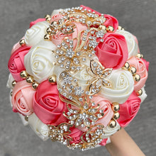 Load image into Gallery viewer, Small Size Glamour and Sparkle Bridesmaids Wedding Bouquets -Exquisite Rhinestones-Silk Ribbon Roses and Jewelry Accents