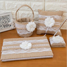 Load image into Gallery viewer, Four Piece Bridal Set of Rustic Burlap Boho Accessories for Wedding Day