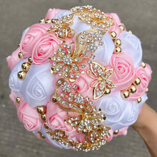 Load image into Gallery viewer, Small Size Glamour and Sparkle Bridesmaids Wedding Bouquets -Exquisite Rhinestones-Silk Ribbon Roses and Jewelry Accents