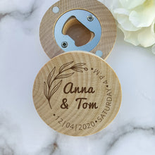 Load image into Gallery viewer, Custom Engraved Round Wooden Beer Bottle Opener with Magnet for Party Favor