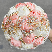Load image into Gallery viewer, Small Size Glamour and Sparkle Bridesmaids Wedding Bouquets -Exquisite Rhinestones-Silk Ribbon Roses and Jewelry Accents