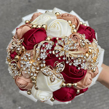 Load image into Gallery viewer, Small Size Glamour and Sparkle Bridesmaids Wedding Bouquets -Exquisite Rhinestones-Silk Ribbon Roses and Jewelry Accents