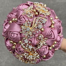 Load image into Gallery viewer, Small Size Glamour and Sparkle Bridesmaids Wedding Bouquets -Exquisite Rhinestones-Silk Ribbon Roses and Jewelry Accents