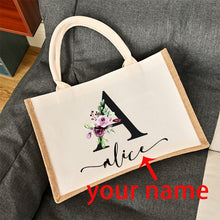 Load image into Gallery viewer, Bridesmaids Floral Design Canvas-Jute-Burlap Tote Bags-Custom Personalized with Initial and Name