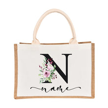 Load image into Gallery viewer, Bridesmaids Floral Design Canvas-Jute-Burlap Tote Bags-Custom Personalized with Initial and Name