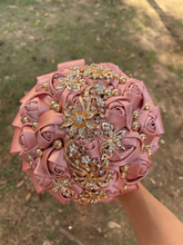 Load image into Gallery viewer, Small Size Glamour and Sparkle Bridesmaids Wedding Bouquets -Exquisite Rhinestones-Silk Ribbon Roses and Jewelry Accents