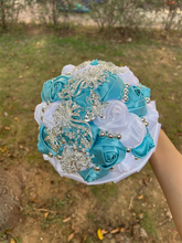 Load image into Gallery viewer, Small Size Glamour and Sparkle Bridesmaids Wedding Bouquets -Exquisite Rhinestones-Silk Ribbon Roses and Jewelry Accents