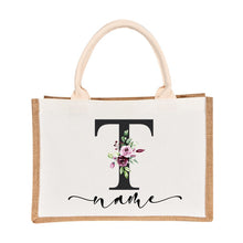 Load image into Gallery viewer, Bridesmaids Floral Design Canvas-Jute-Burlap Tote Bags-Custom Personalized with Initial and Name