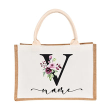 Load image into Gallery viewer, Bridesmaids Floral Design Canvas-Jute-Burlap Tote Bags-Custom Personalized with Initial and Name