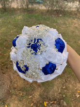 Load image into Gallery viewer, Small Size Glamour and Sparkle Bridesmaids Wedding Bouquets -Exquisite Rhinestones-Silk Ribbon Roses and Jewelry Accents