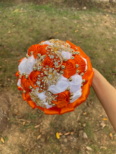 Load image into Gallery viewer, Small Size Glamour and Sparkle Bridesmaids Wedding Bouquets -Exquisite Rhinestones-Silk Ribbon Roses and Jewelry Accents