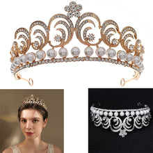 Load image into Gallery viewer, Baroque Swirls Queen Tiara-Crown Adorned with Rhinestones and Simulated Pearl- For Bride or Mis Quince