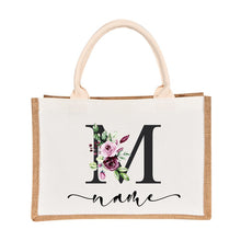 Load image into Gallery viewer, Bridesmaids Floral Design Canvas-Jute-Burlap Tote Bags-Custom Personalized with Initial and Name