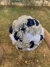 Load image into Gallery viewer, Small Size Glamour and Sparkle Bridesmaids Wedding Bouquets -Exquisite Rhinestones-Silk Ribbon Roses and Jewelry Accents