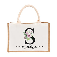 Load image into Gallery viewer, Bridesmaids Floral Design Canvas-Jute-Burlap Tote Bags-Custom Personalized with Initial and Name