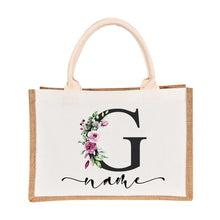 Load image into Gallery viewer, Bridesmaids Floral Design Canvas-Jute-Burlap Tote Bags-Custom Personalized with Initial and Name