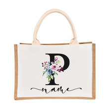 Load image into Gallery viewer, Bridesmaids Floral Design Canvas-Jute-Burlap Tote Bags-Custom Personalized with Initial and Name