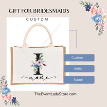 Load image into Gallery viewer, Bridesmaids Floral Design Canvas-Jute-Burlap Tote Bags-Custom Personalized with Initial and Name