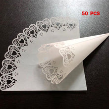 Load image into Gallery viewer, Lot of 50 pcs Laser Cut Confetti Cones to hold bridal birdseed, rice, candy or rose petals