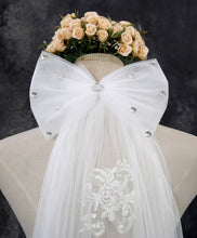 Load image into Gallery viewer, Ivory Cathedral Bridal Veil-Lace Edge with Bow-Appliques
