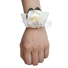 Load image into Gallery viewer, Handmade Satin Silk Single Rose Wrist Corsage with Crystal Rhinestone Detail