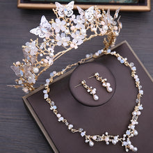 Load image into Gallery viewer, Crystal Beaded Gold Pearl Floral Butterfly Tiara- Crown or Jewelry Set