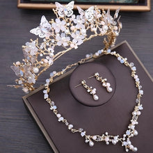 Load image into Gallery viewer, Crystal Beaded Gold Pearl Floral Butterfly Tiara- Crown or Jewelry Set