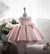 Load image into Gallery viewer, Princess Baby Girl Dress with Simulated Pearl Adorned Neckline and Bow
