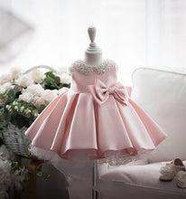Load image into Gallery viewer, Princess Baby Girl Dress with Simulated Pearl Adorned Neckline and Bow