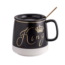 Load image into Gallery viewer, King or Queen Ceramic Coffee-Tea Mug with lid - Outlined in gold with little spoon