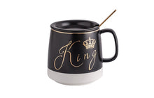Load image into Gallery viewer, King or Queen Ceramic Coffee-Tea Mug with lid - Outlined in gold with little spoon