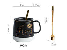 Load image into Gallery viewer, King or Queen Ceramic Coffee-Tea Mug with lid - Outlined in gold with little spoon