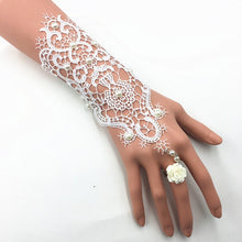 Load image into Gallery viewer, Lace Pearl Rhinestones Bridal Opera Fingerless Gloves with Ring Finger Rose Accent