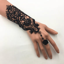 Load image into Gallery viewer, Lace Pearl Rhinestones Bridal Opera Fingerless Gloves with Ring Finger Rose Accent